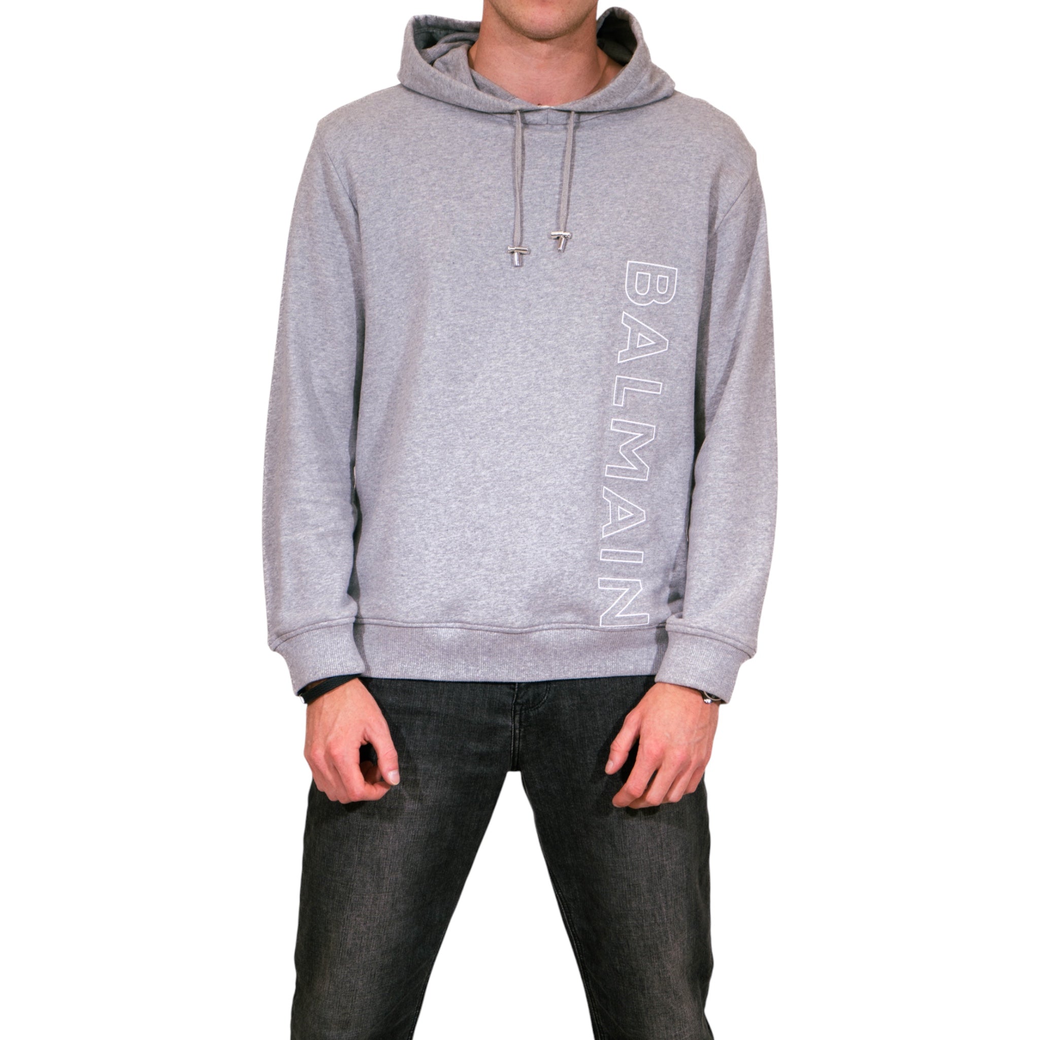 Balmain Hoodie in eco-responsible cotton with reflective Balmain logo (Grey)