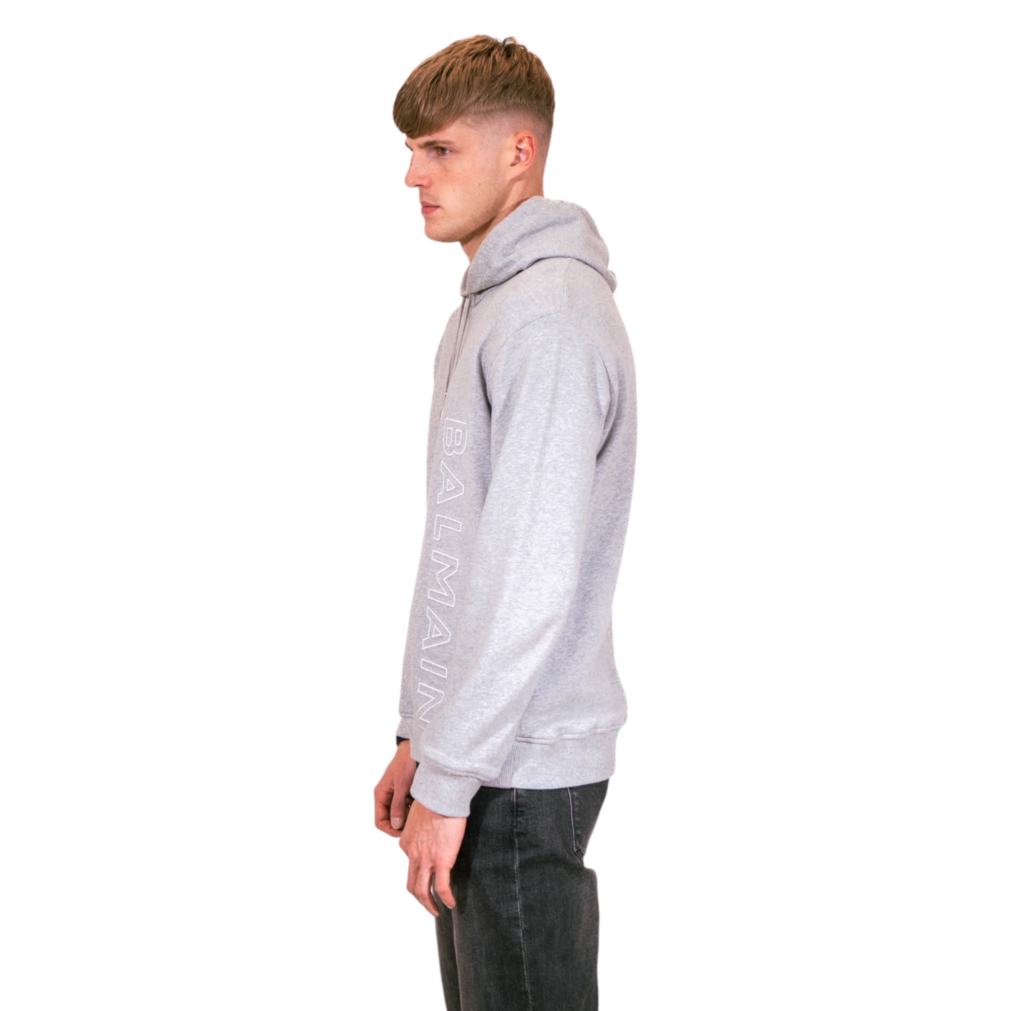Balmain Hoodie in eco-responsible cotton with reflective Balmain logo (Grey)